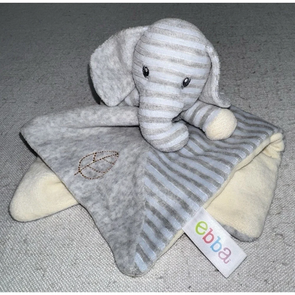 Ebba Gray Elephant Lovey Security Baby Blanket‎ Plush Leaf Stripes